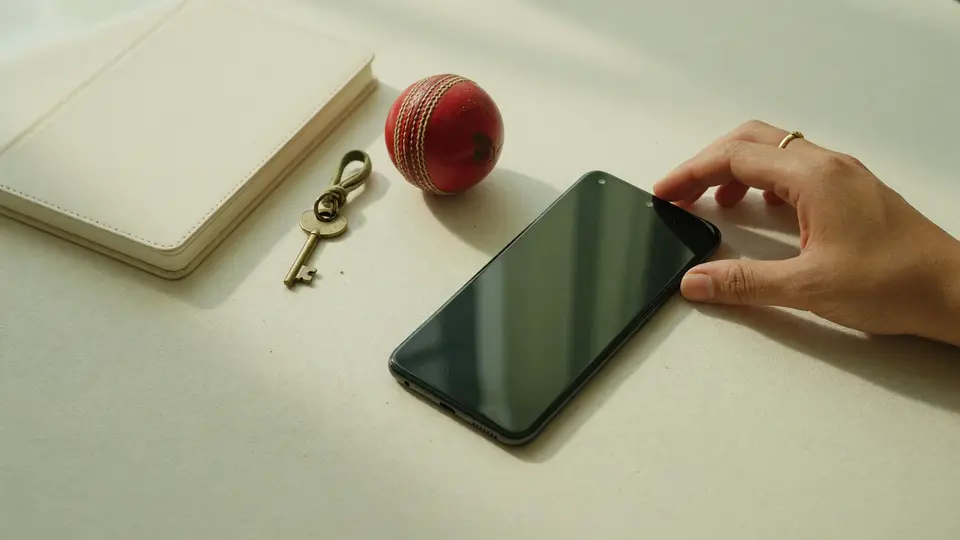Unbranded smartphone beside a closed notebook and small key under soft daylight