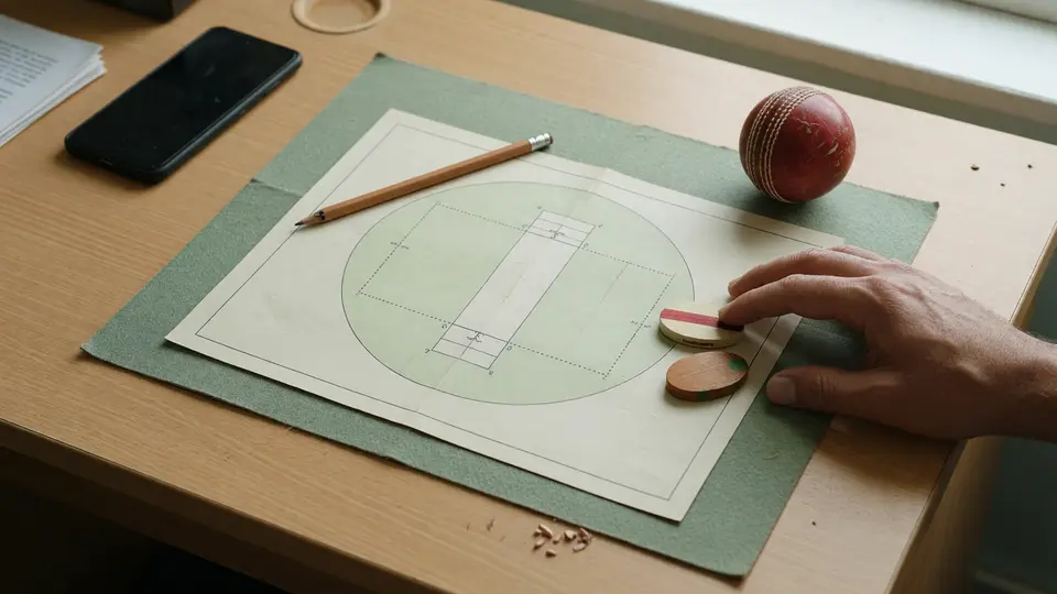 A tidy cricket selection desk with a blank smartphone, printed field diagram and wooden pencil