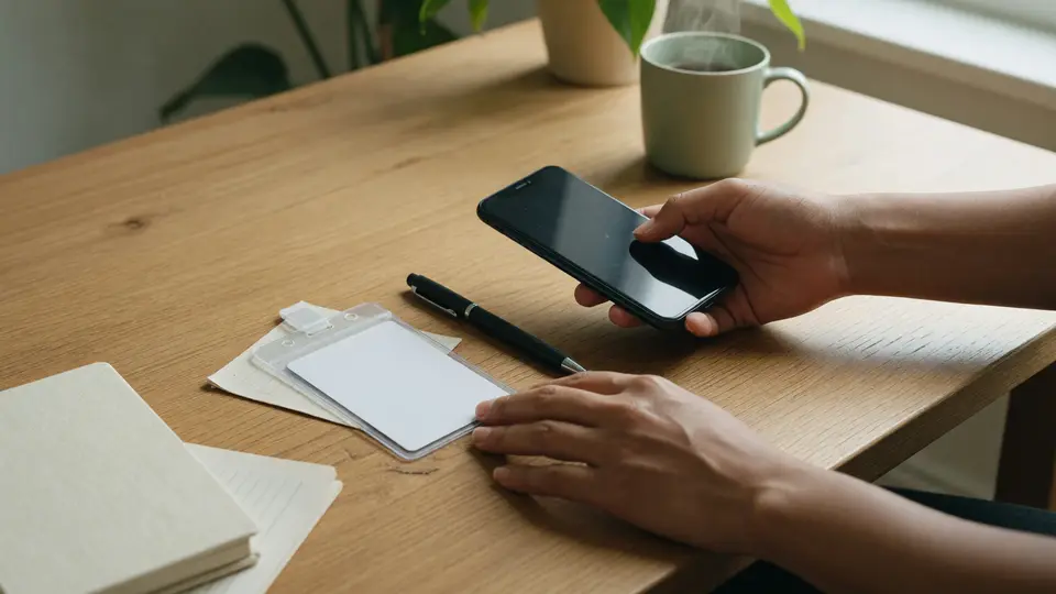 Adult organizing an unbranded phone, blank identification sleeve and pen before contacting support