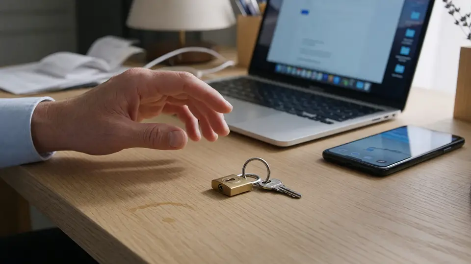 Adult hand pausing before using a laptop and smartphone with a small padlock-shaped keyring