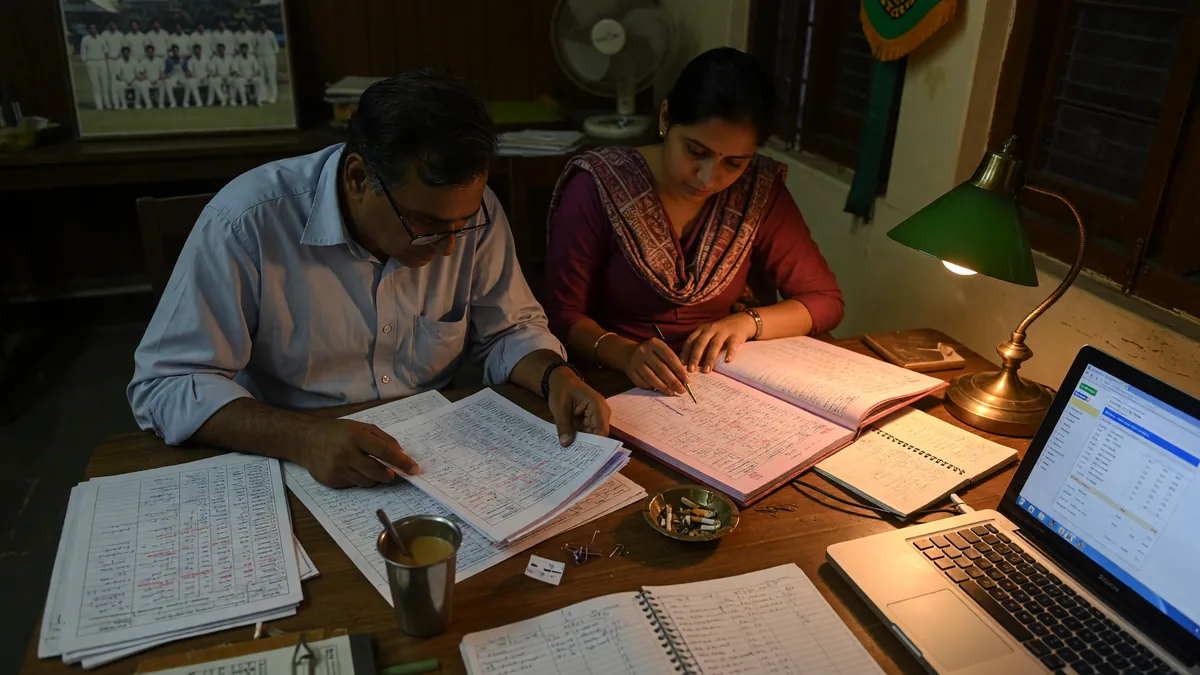Editor reviewing the latest match report at a clubhouse desk